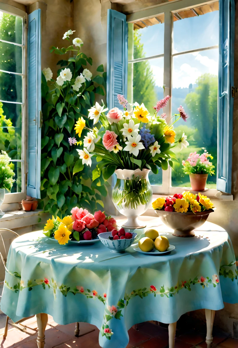 Primer plano de una mesa，Hay un jarrón de flores encima., ambiente agradable, Hay un jardín francés., cocina de la casa en un día soleado, Interior de la campiña francesa, Autor：Bernardo D.&#39;Andrea, Ventanas luminosas iluminan la cocina, resumen arquitectónico, Revista Hogar y Jardín, casa y jardin, resumen arquitectónico photo, luz de la mañana de verano, Hay flores y plantas., pintura de acuarela floral