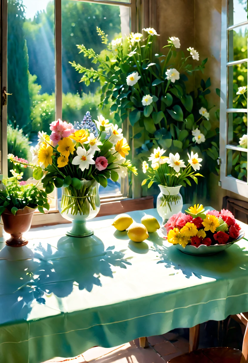 Close-up of a table，There is a vase of flowers on it, pleasant environment, There is a French garden, house kitchen on a sunny day, French countryside interior, author：Bernard D&#39;Andrea, Bright windows illuminate the kitchen, Architectural Digest, home and garden magazine, house and garden, Architectural Digest photo, summer morning light, There are flowers and plants, floral watercolor painting