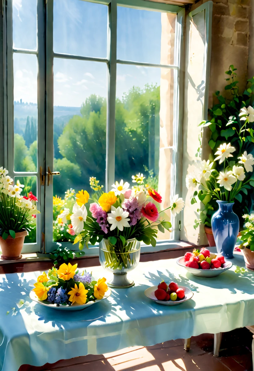 Close-up of a table，There is a vase of flowers on it, pleasant environment, There is a French garden, house kitchen on a sunny day, French countryside interior, author：Bernard D&#39;Andrea, Bright windows illuminate the kitchen, Architectural Digest, home and garden magazine, house and garden, Architectural Digest photo, summer morning light, There are flowers and plants, floral watercolor painting