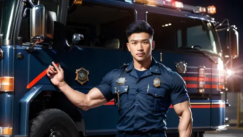 (masterpiece: 1.2), (actual:1.5), (post processing:1.3), (clear focus:1.3),1 male police officer, Korean men ,beard, whole body, ,(badge) ,(abrasions on body...: 1.3), (Navy blue cargo pants: 1.3), short hair hairstyle, (high shadows detail),muscle, 手臂musc...