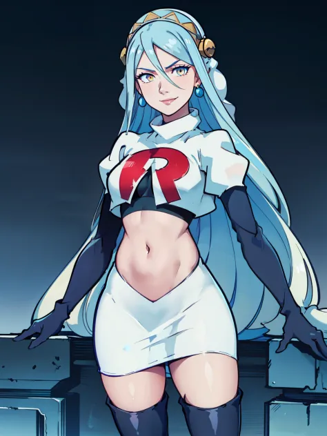 azura \(fire emblem\), yellow eyes ,earrings ,glossy lips, blue eye shadow, makeup ,team rocket uniform, red letter R, white skirt,white crop top,black thigh-high boots, black elbow gloves, evil smile, background