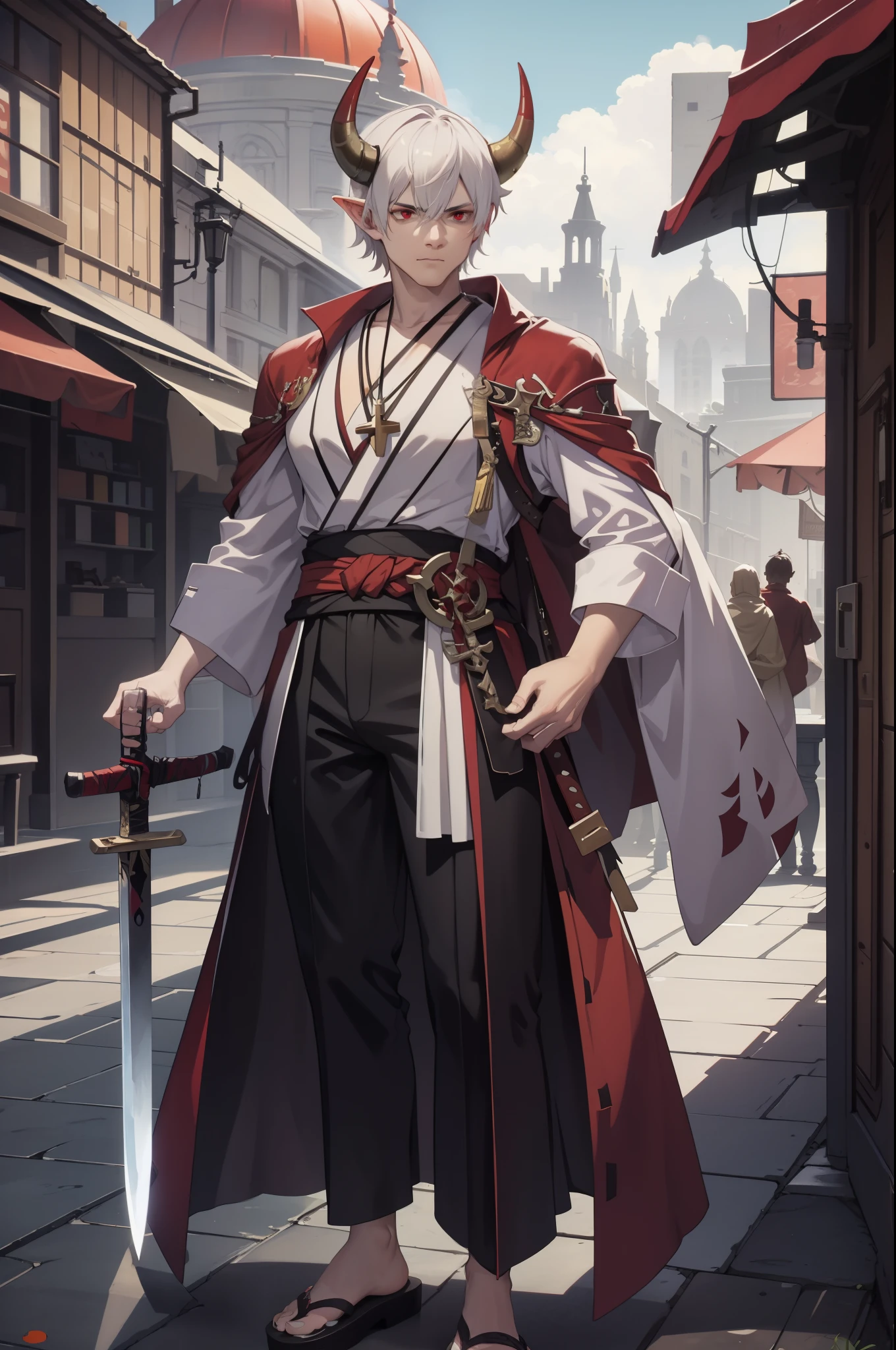 anime character,Demon Man,Short hair is tied back,Red and white hair,giant demon horn,pointed ears,red eyes,man with a stern face,Wearing a kimono,wear a big rosary around your neck,long sleeve,sturdy gauntlet、Dark red kimono,traveler costume,white tabi socks、Wearing geta,
outdoor,huge sword,have a sword, exquisite visuals, High resolution,table top,highest quality,exquisite visuals,High resolution,table top,highest quality,40 years old,Middle-aged man,lumpy fingers,muscular legs,big body,cool character design,dynamic pose