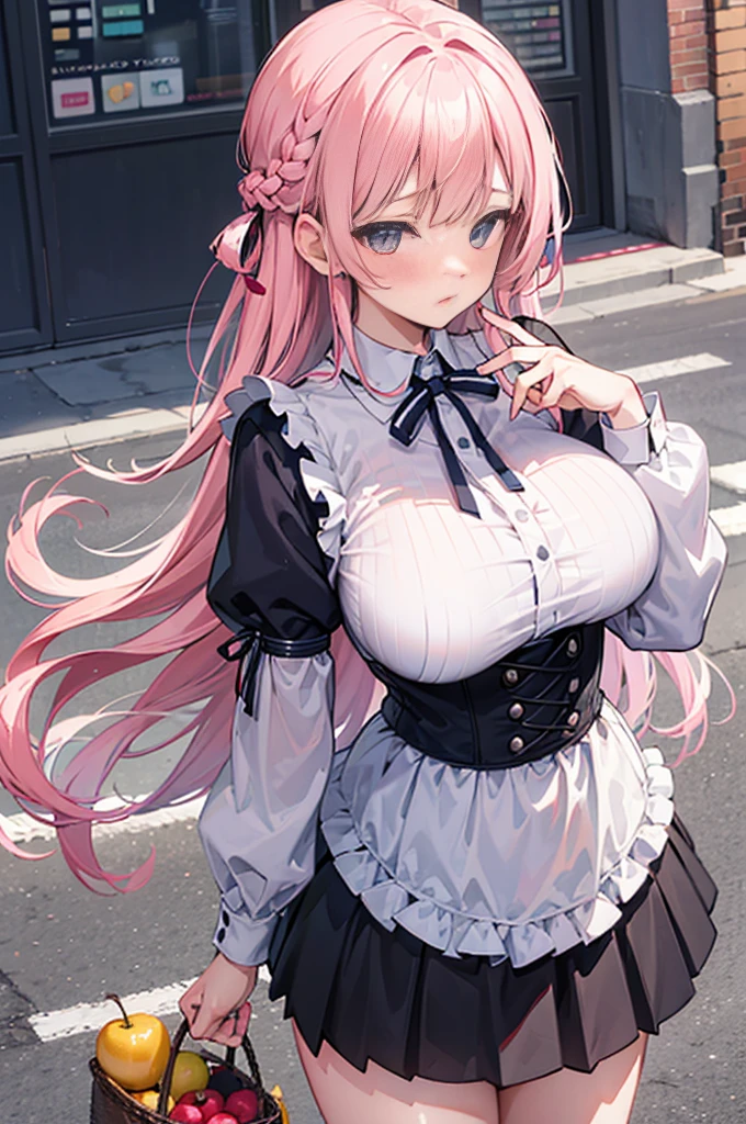 perfect human body，1 woman，Mature and intellectual woman， (Exposed publicly，street)，, french braid, side braid, ,clavicle，((big breasts))，victorian style shirt，translucent，smooth thighs，((woman with fever)),(blush:1.2),(skirt lift)，Absolute realm，fruit_insertion，shy，Fear，fear，cry，tears，