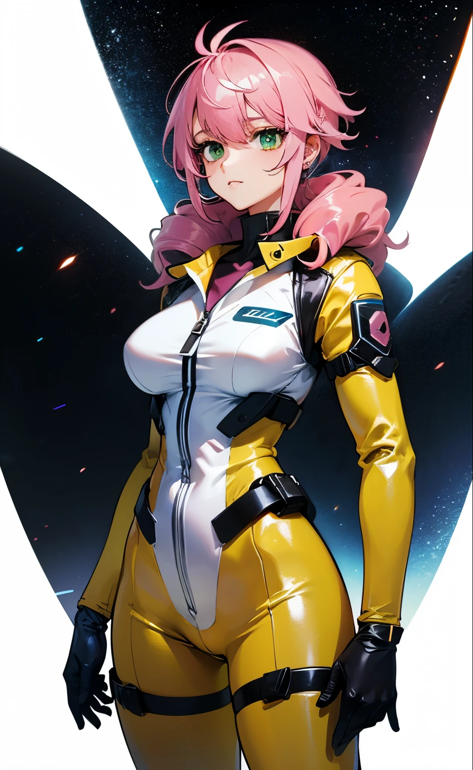 masterpiece, best quality, 1girl, drill hair, pink platinum hair, ((yellow space suit)), ((white collar)), gray gloves, slender waist, wide hips,