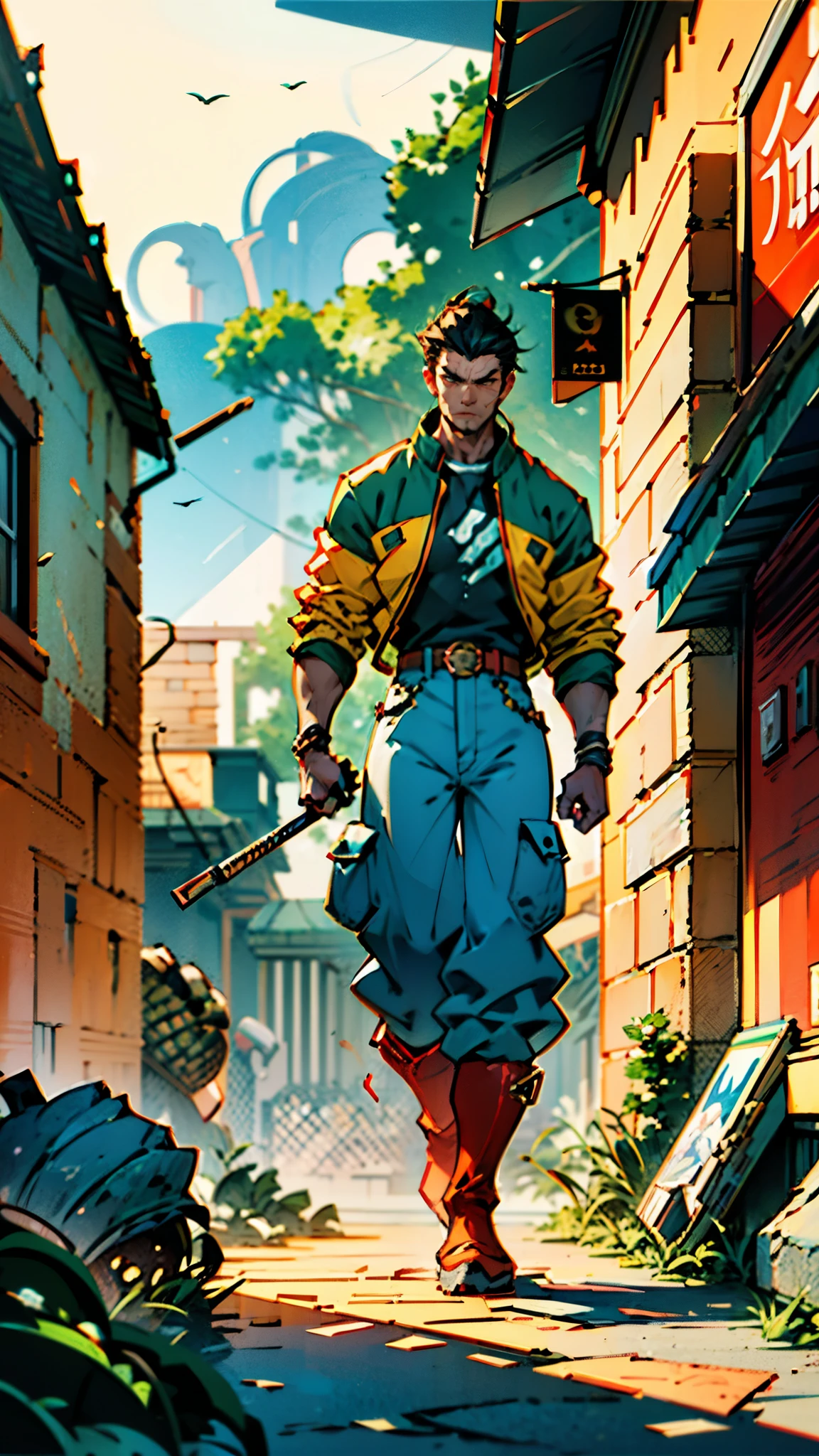 In the backdrop of an ancient fantasy-reality setting, a youth sporting a platinum crew cut displays a piercing gaze and confident demeanor. Adorned in a two-piece fusion outfit, seamlessly blending Western and Eastern influences, he wears a snug dark top paired with a vibrant yellow-blue short jacket. The lower half features loose white utility pants, and his sturdy long boots echo through the corridors of an antiquated architectural landscape. The overall aesthetic captures the essence of a refined and mature anime-inspired  rogue, symmetrical face, extremely detailed eyes and face, high quality eyes, high definition, highres, ultra-fine painting, exquisite and mature, extremely delicate, professional, anatomically correct, creativity, UHD, HDR, 32k, Natural light, cinematic lighting, best shadow, masterpiece-anatomy-perfect, best quality, masterpiece, ultra-detailed