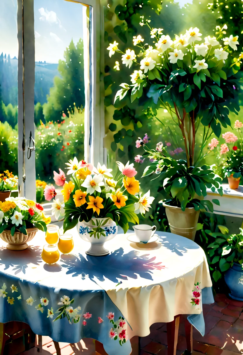 Close-up of a table，There is a vase of flowers on it, pleasant environment, There is a French garden, house kitchen on a sunny day, French countryside interior, author：Bernard D&#39;Andrea, Bright windows illuminate the kitchen, Architectural Digest, home and garden magazine, house and garden, Architectural Digest photo, summer morning light, There are flowers and plants, (floral watercolor painting:1.5)