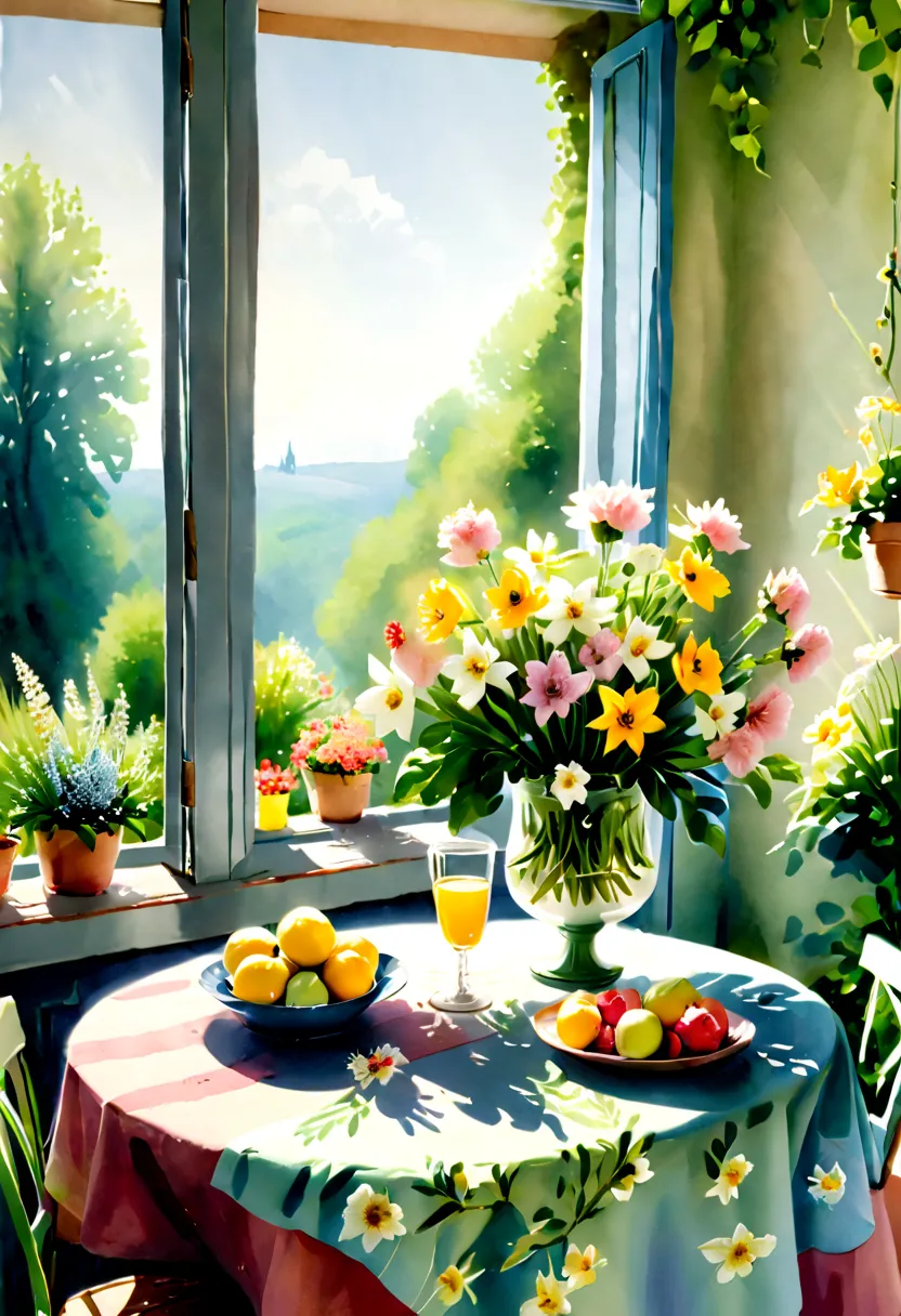 Close-up of a table，There is a vase of flowers on it, pleasant environment, There is a French garden, house kitchen on a sunny d...