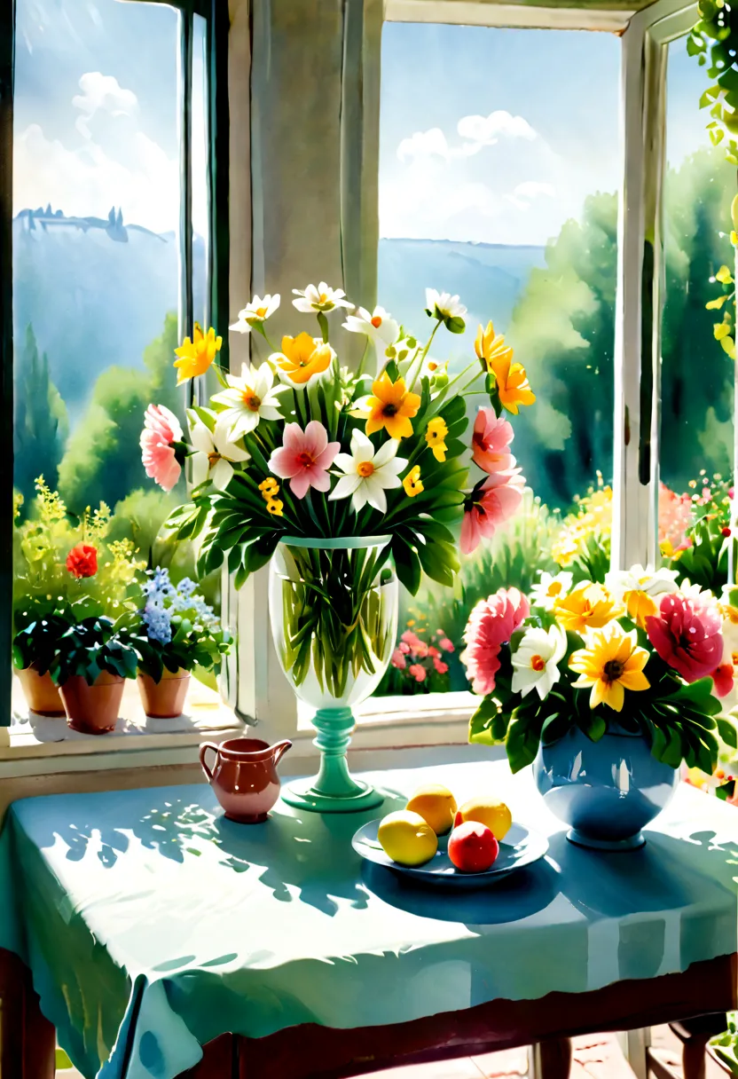 close-up of a table，there is a vase of flowers on it, pleasant environment, there is a french garden, house kitchen on a sunny d...