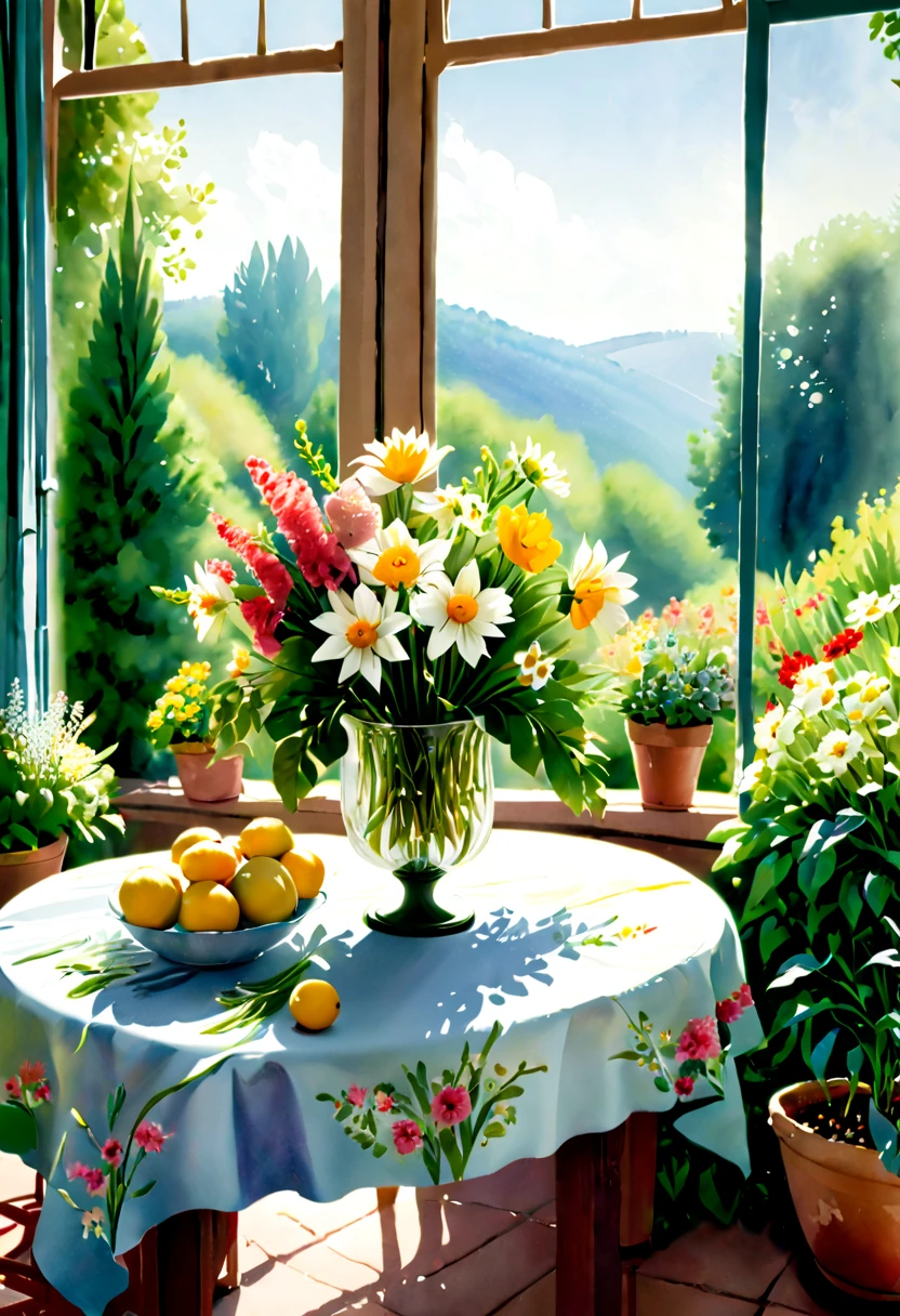 Close-up of a table，There is a vase of flowers on it, pleasant environment, There is a French garden, house kitchen on a sunny day, French countryside interior, author：Bernard D&#39;Andrea, Bright windows illuminate the kitchen, Architectural Digest, home and garden magazine, house and garden, Architectural Digest photo, summer morning light, There are flowers and plants, (floral watercolor painting:1.5)