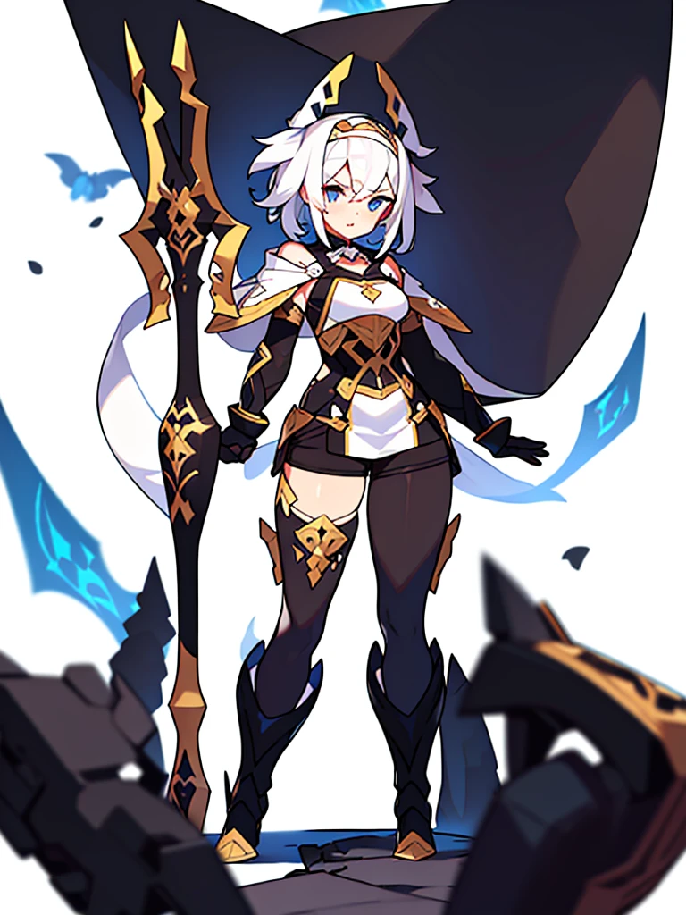 solo female, (((standing))), front body, (((straight-on))), (((white background, blurry background))), character focus, fantasy clothes, character design, shorts, holding weapon, fullbody,
