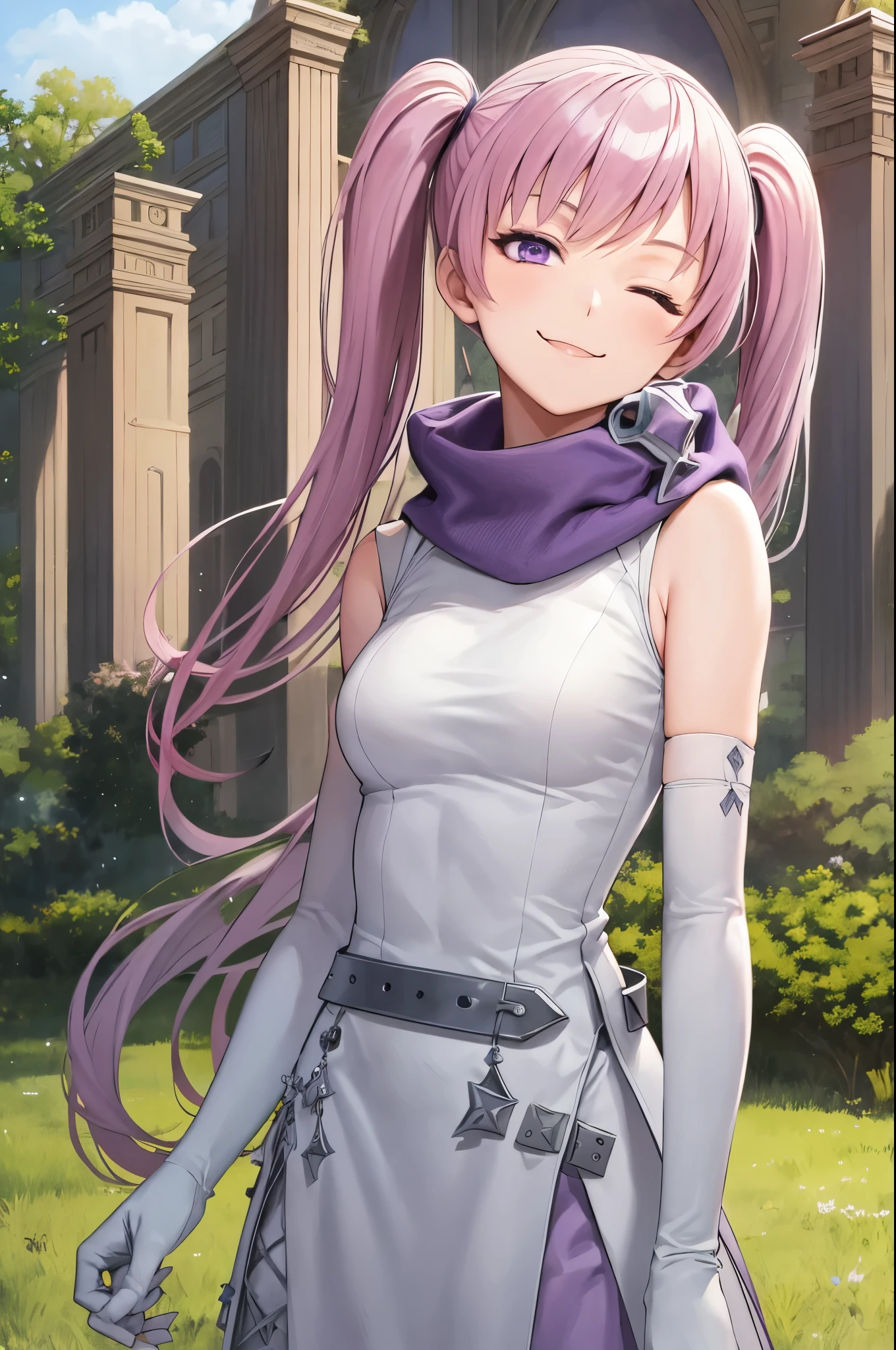 masterpiece, best quality, serra, purple eyes, long white dress, sleeveless, elbow gloves, purple scarf, belt, upper body, field, church exterior, outdoors, sky, smile, smug, looking at viewer, one eye closed, one eye open, winking, head tilt 