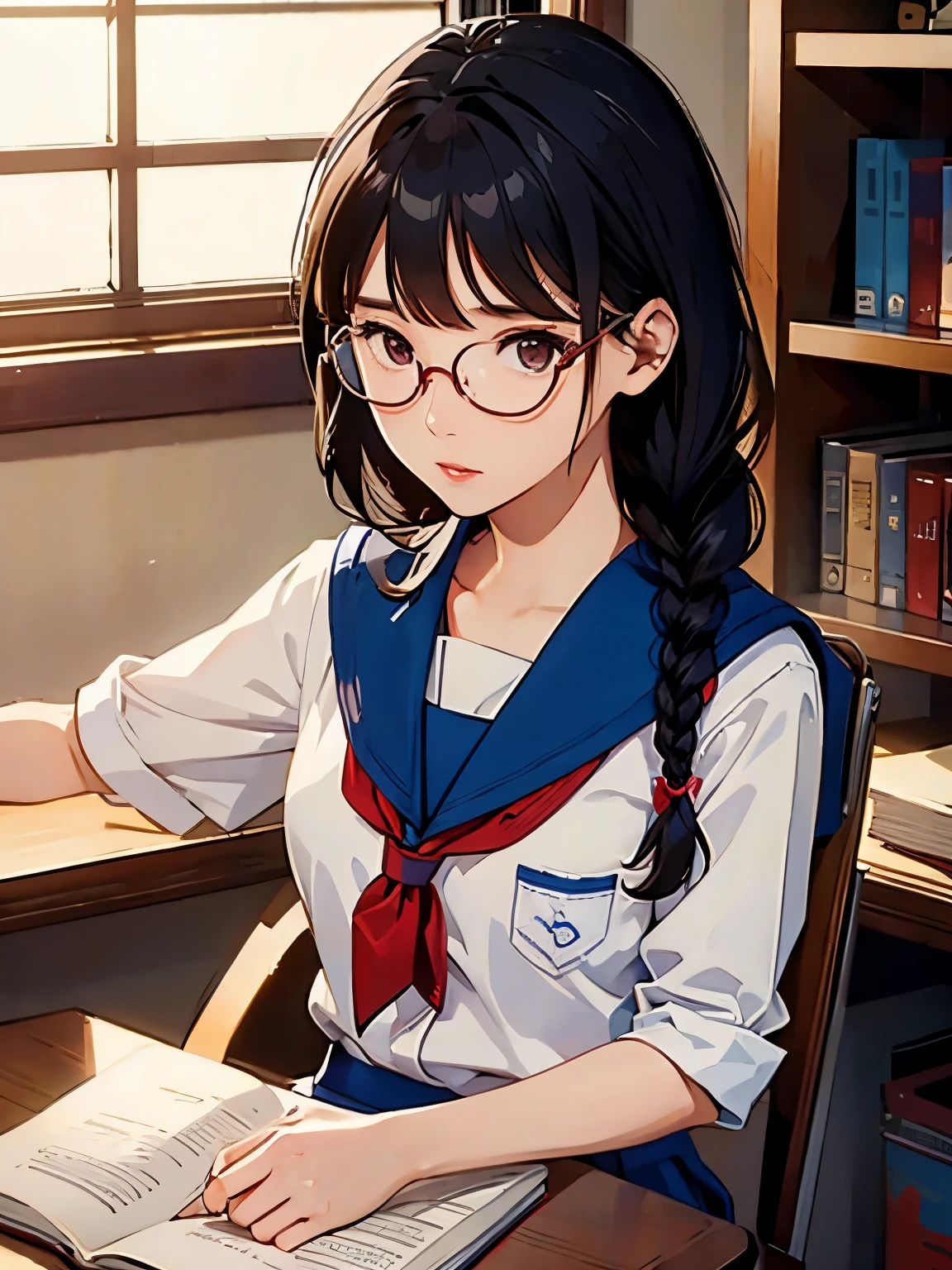 (((masterpiece))) ((( background : school theme : students : in library ))) ((( character : Lee Ji Eun : fit body : braided hair : nerd : wearing glasses :  : sitting : studying )))