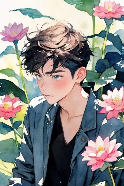 masterpiece, watercolor, 1 man, flower, handsome man, colorful flower