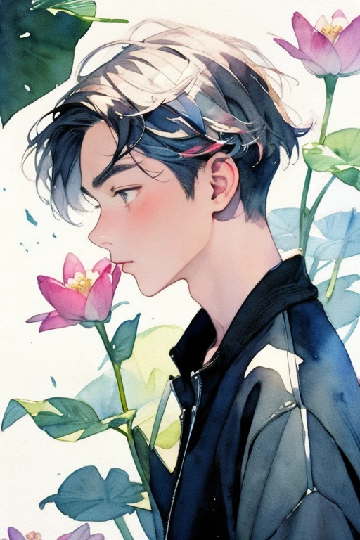 masterpiece, watercolor, 1 man, flower, handsome man, colorful flower