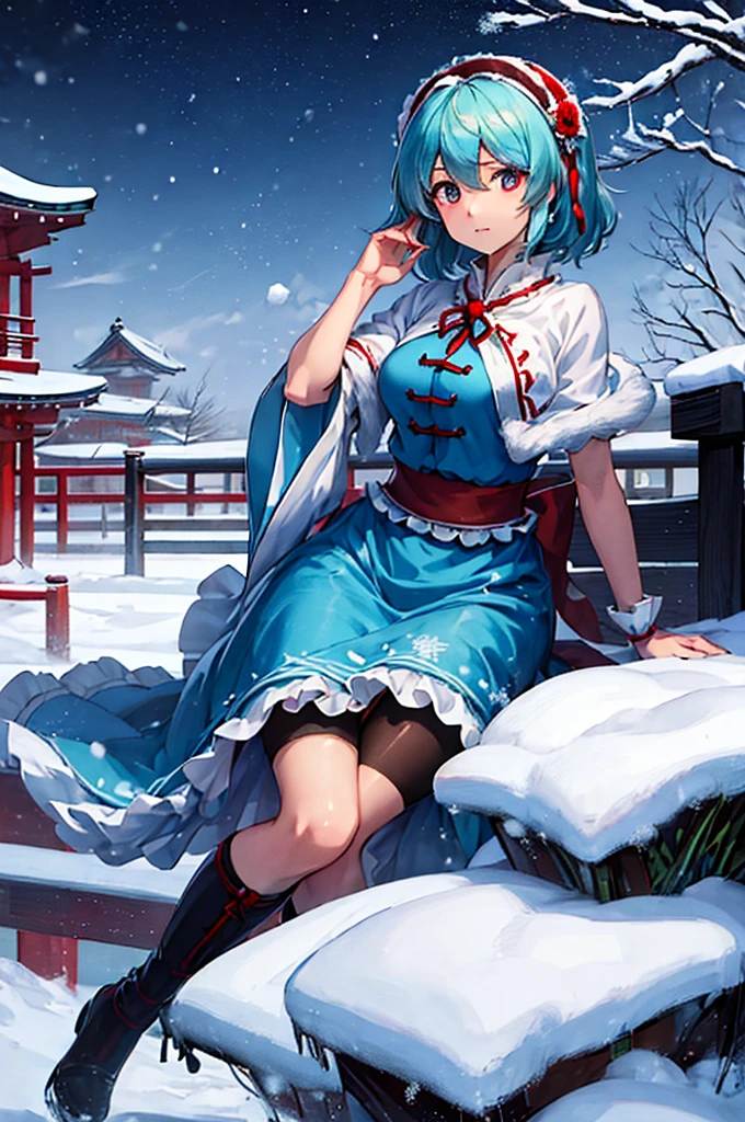 ((best quality)), ((masterpiece)), (detailed), perfect face, Kogasa Tatara, Touhou Project, 1girl, winter, snow, japan, blue and red eyes, pixiv