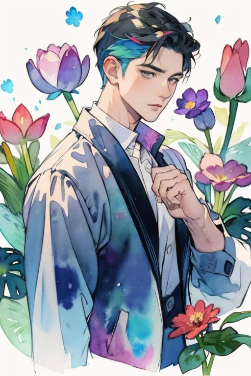 masterpiece, watercolor, 1 man, flower, handsome man, colorful flower