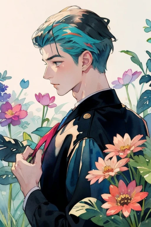 masterpiece, watercolor, 1 man, flower, handsome man, colorful flower