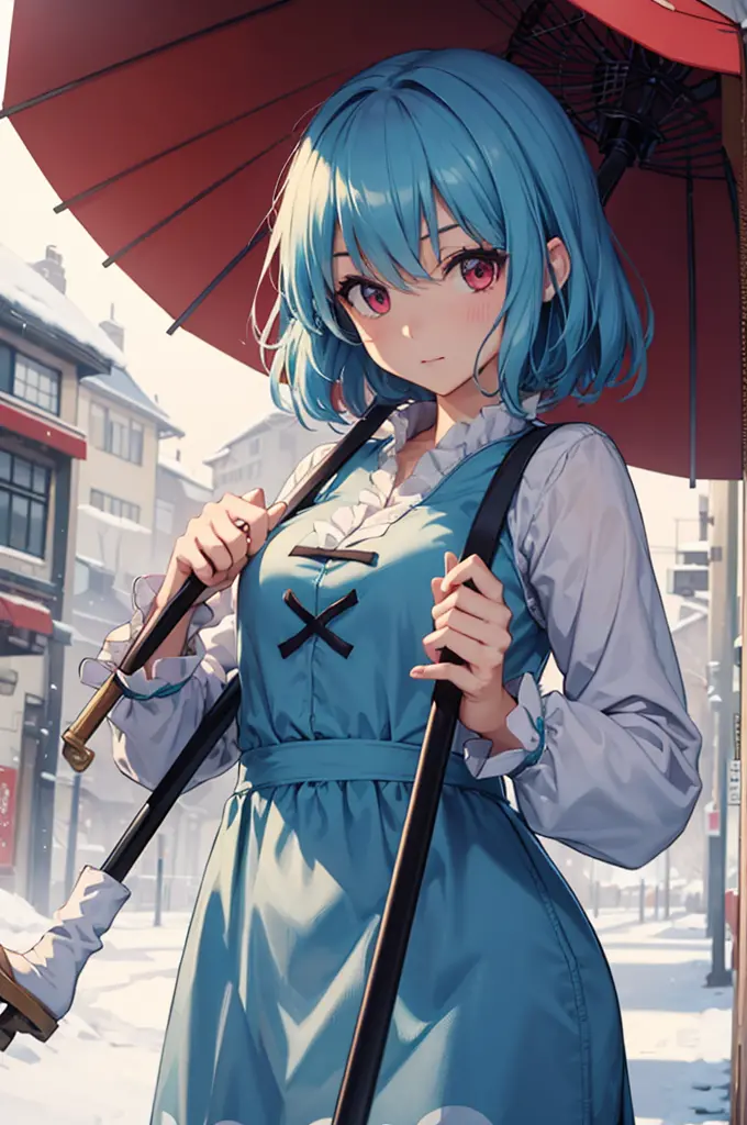 ((best quality)), ((masterpiece)), (detailed), perfect face, kogasa tatara, touhou project, 1girl, winter, snow, japan, blue and...