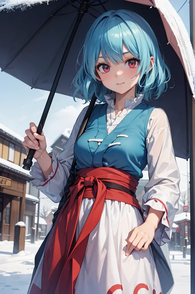 ((best quality)), ((masterpiece)), (detailed), perfect face, kogasa tatara, touhou project, 1girl, winter, snow, japan, blue and...