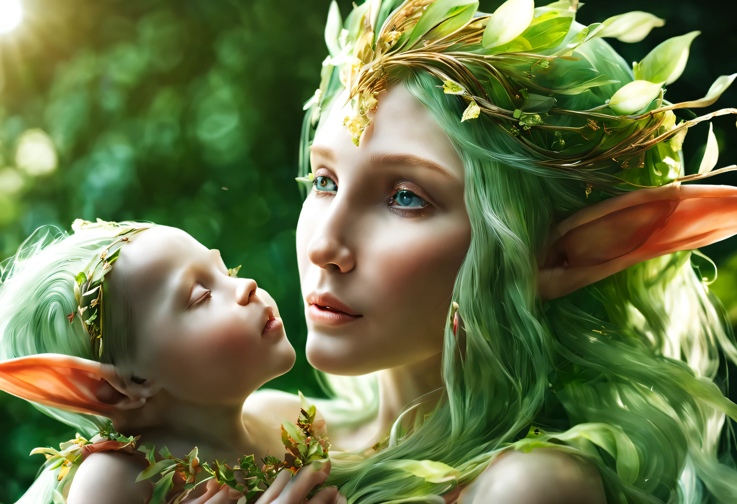 エルフの母親と赤ちゃんの魅惑的な肖像画の超詳細な写真: 1.2), (シャープなフォーカス, 超詳細な, 非常に複雑: 1.20), (自然光: 1.2), 超高解像度の詳細, 写実的な,エルフのお母さんがエルフの赤ちゃんを抱きしめる, 両者の詳細な顔の特徴, 柔らかく温かみのある照明, 鮮やかな色彩, 魔法の庭の背景, 幽玄な雰囲気, おとぎ話のような風景, 繊細で複雑な質感, 神秘的なオーラ, キラキラした目, 流れるような絹のような髪, 優しく愛情深い表現, 穏やかな揺れ, 緑豊かな葉, 色とりどりの花, 木漏れ日, シーンを囲む魔法のような輝き, 魅惑的で穏やかな雰囲気, 夢のような設定, 母性愛, 霊的存在, 純粋で無垢な絆.