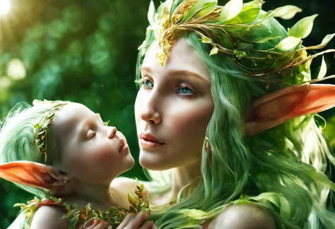 Hyper-detailed photograph of a captivating portrait of an elf mother with her baby: 1.2), (sharp focus, hyper-detailed, very complex: 1.20), (natural lighting: 1.2), ultra-high resolution details, photorealistic,elf mom cradles her elf baby, detailed facia...