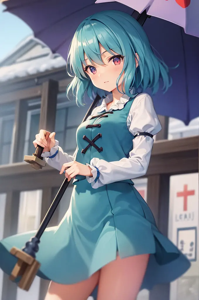 ((best quality)), ((masterpiece)), (detailed), perfect face, kogasa tatara, touhou project, 1girl, winter, snow, japan, left blu...