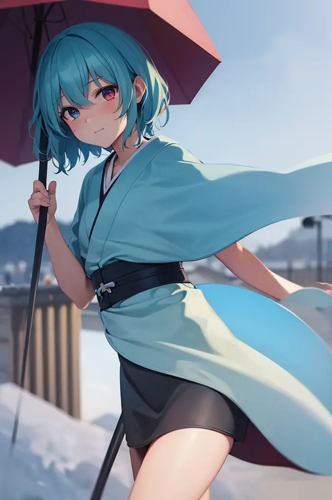 ((best quality)), ((masterpiece)), (detailed), perfect face, kogasa tatara, touhou project, 1girl, winter, snow, japan, left blu...