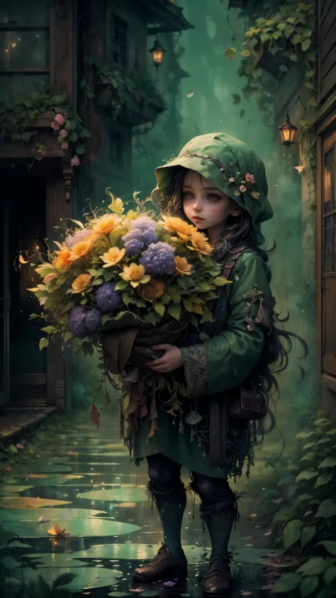 (a tiny) humanoid creature, (holding firmly) a bunch of flowers, watercolor, dark gritty, street, fantasy, (best quality, 4k, hi...