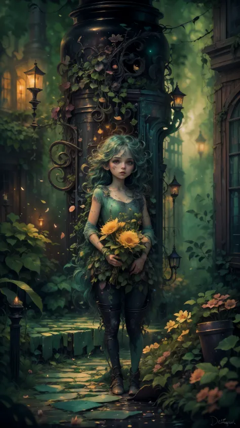 (a tiny) humanoid creature, (holding firmly) a bunch of flowers, watercolor, dark gritty, street, fantasy, (best quality, 4k, hi...
