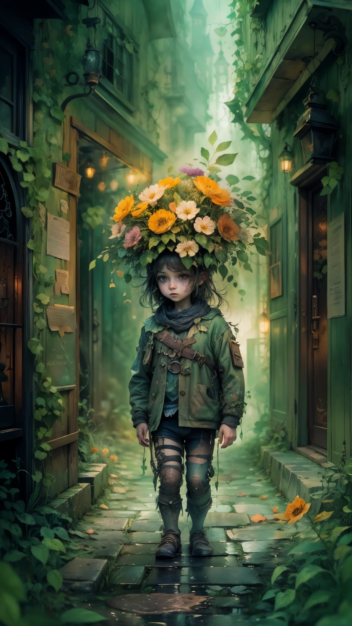 watercolor art,(a tiny) humanoid creature, (holding firmly) a bunch of flowers, watercolor, dark gritty, street, fantasy, (best quality, 4k, highres, masterpiece:1.2), ultra-detailed, (realistic:1.37), vivid colors, (moody lighting), (magical atmosphere), (cobblestone road), (mysterious shadows), (fantastical architecture), (enchanted surroundings), (whimsical elements), (misty aura), (intricate details), (emotionally expressive face), (unique character design), (lush foliage), (overgrown vines), (ethereal glow), (fallen petals), (contrast between light and dark), (captivating atmosphere), (heartwarming scene), (playful energy), (curiosity and wonder), (texture of the flowers), (impressionistic brushstrokes), (dreamlike charm), (sense of mystery), (gritty urban setting), (imaginative world), (dramatic composition), (expressive lines), (exquisite colors)