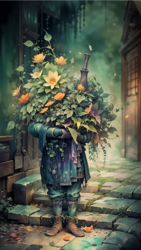 ((watercolor art)),(a tiny) humanoid creature, (holding firmly) a bunch of flowers, watercolor, dark gritty, street, fantasy, (b...