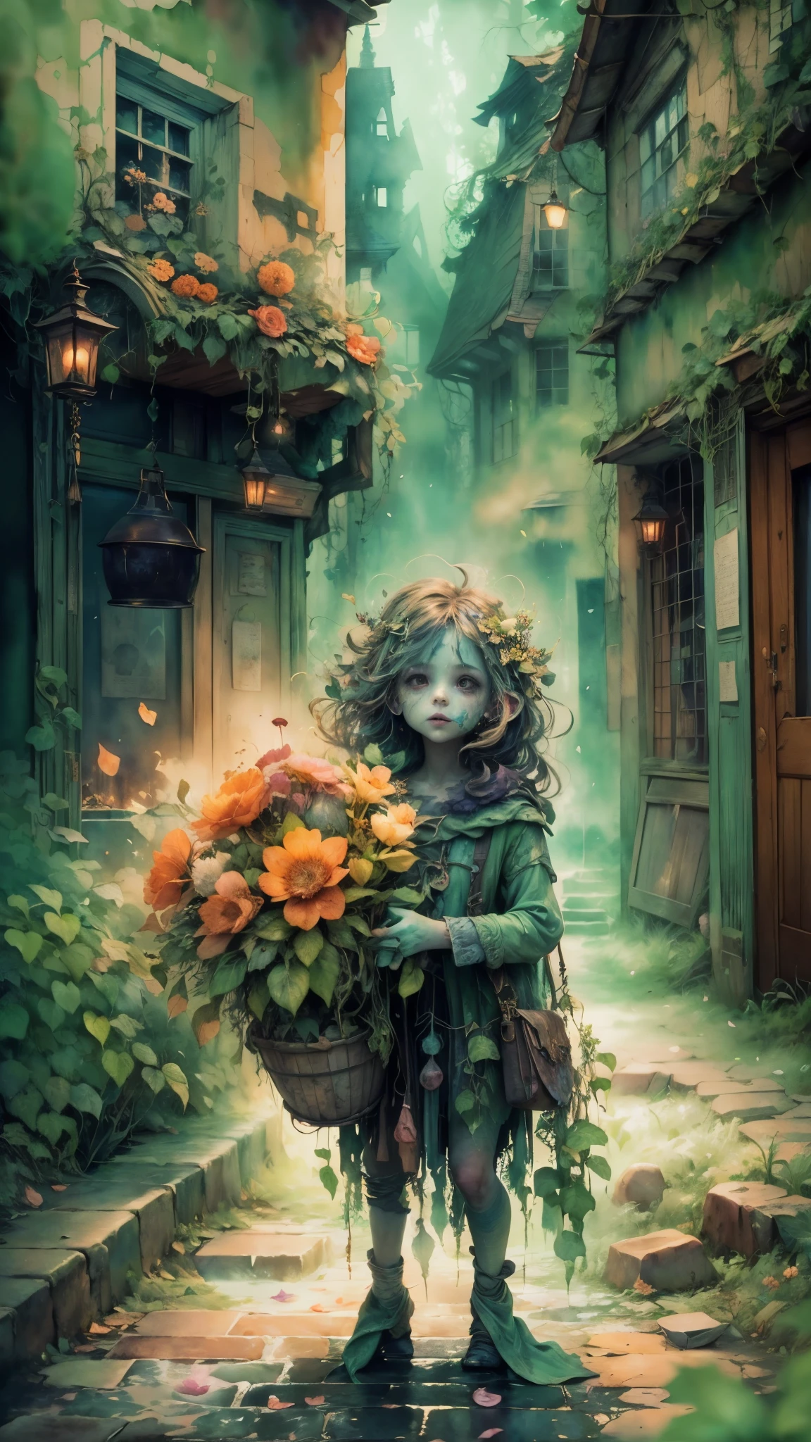 ((watercolor art)),(a tiny) humanoid creature, (holding firmly) a bunch of flowers, watercolor, dark gritty, street, fantasy, (best quality, 4k, highres, masterpiece:1.2), ultra-detailed, (realistic:1.37), vivid colors, (moody lighting), (magical atmosphere), (cobblestone road), (mysterious shadows), (fantastical architecture), (enchanted surroundings), (whimsical elements), (misty aura), (intricate details), (emotionally expressive face), (unique character design), (lush foliage), (overgrown vines), (ethereal glow), (fallen petals), (contrast between light and dark), (captivating atmosphere), (heartwarming scene), (playful energy), (curiosity and wonder), (texture of the flowers), (impressionistic brushstrokes), (dreamlike charm), (sense of mystery), (gritty urban setting), (imaginative world), (dramatic composition), (expressive lines), (exquisite colors)