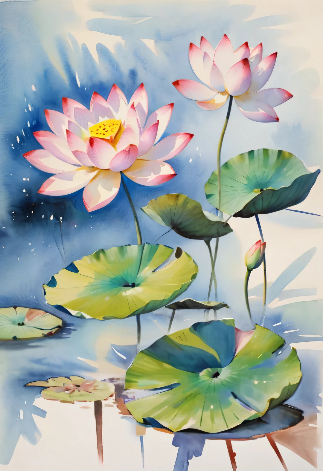 lotus, le style lissitsky, détaillé，Belle aquarelle, plusieurs couleurs, paix et beauté, angle rapproché, Objectif bas, grand angle,