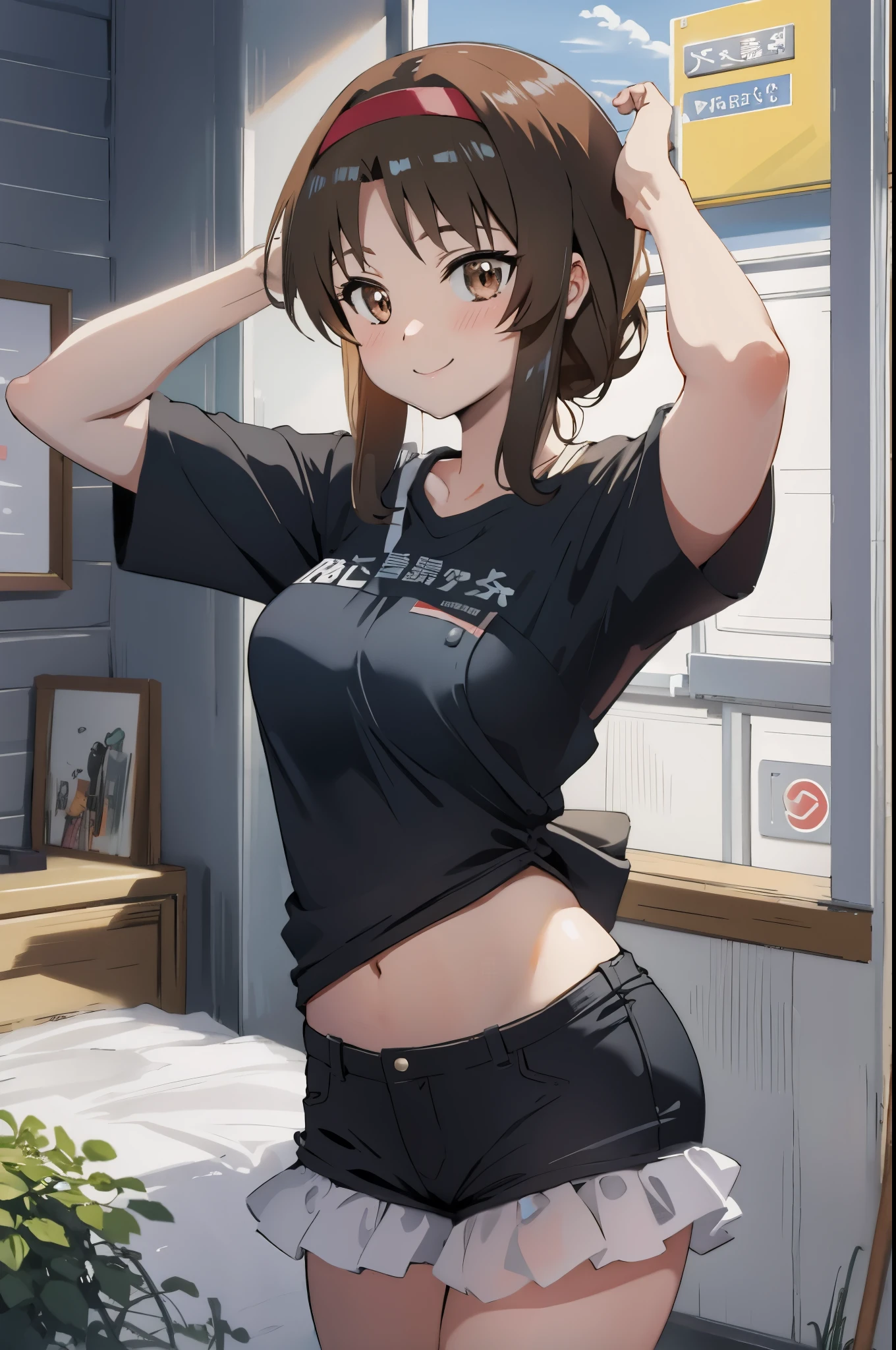 Anime girl in a black shirt and shorts posing in a room - SeaArt AI