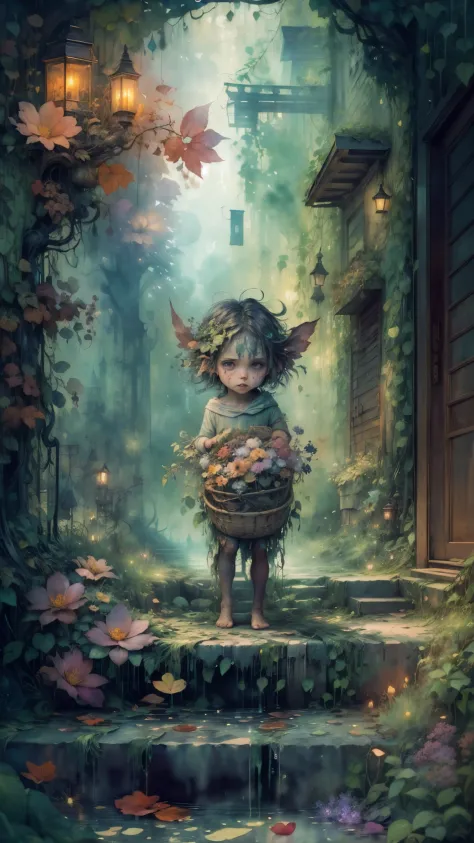 ((watercolor art)),(a tiny) humanoid creature, (holding firmly) a bunch of flowers, watercolor, dark gritty, street, fantasy, (b...