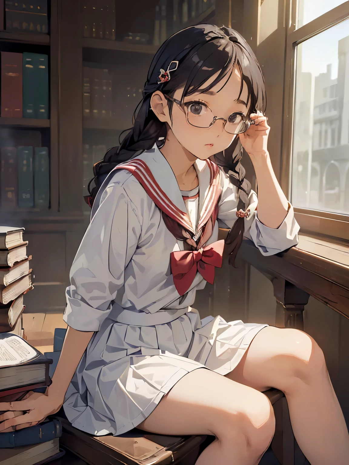 (((masterpiece))) ((( background : school theme : students : in library : books ))) ((( character : chu: fit body : small breast :  braided hair : nerd : wearing glasses : white  : sitting : focus studying )))