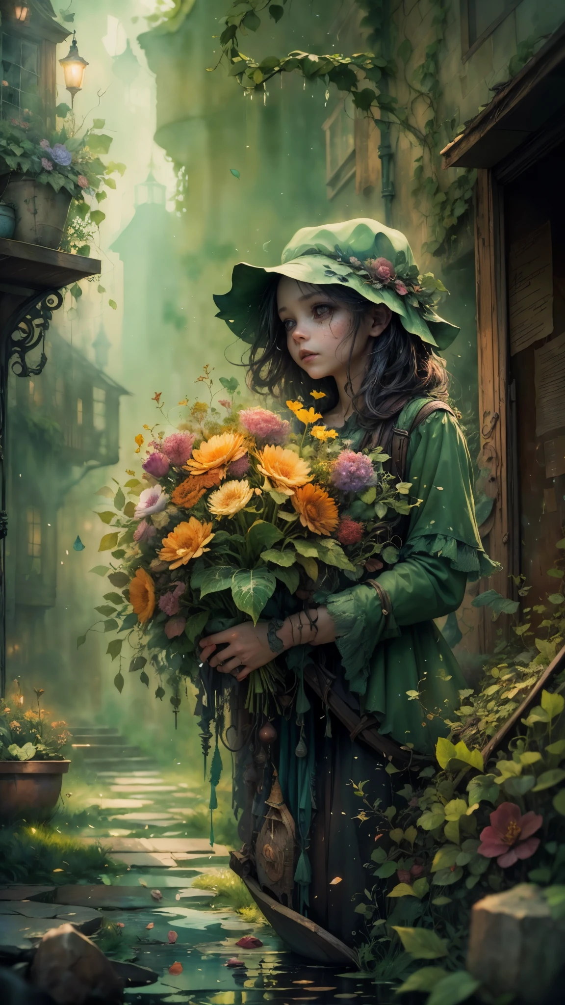((watercolor art)),(a tiny) humanoid creature, (holding firmly) a bunch of flowers, watercolor, dark gritty, street, fantasy, (best quality, 4k, highres, masterpiece:1.2), ultra-detailed, (realistic:1.37), vivid colors, (moody lighting), (magical atmosphere), (cobblestone road), (mysterious shadows), (fantastical architecture), (enchanted surroundings), (whimsical elements), (misty aura), (intricate details), (emotionally expressive face), (unique character design), (lush foliage), (overgrown vines), (ethereal glow), (fallen petals), (contrast between light and dark), (captivating atmosphere), (heartwarming scene), (playful energy), (curiosity and wonder), (texture of the flowers), (impressionistic brushstrokes), (dreamlike charm), (sense of mystery), (gritty urban setting), (imaginative world), (dramatic composition), (expressive lines), (exquisite colors)