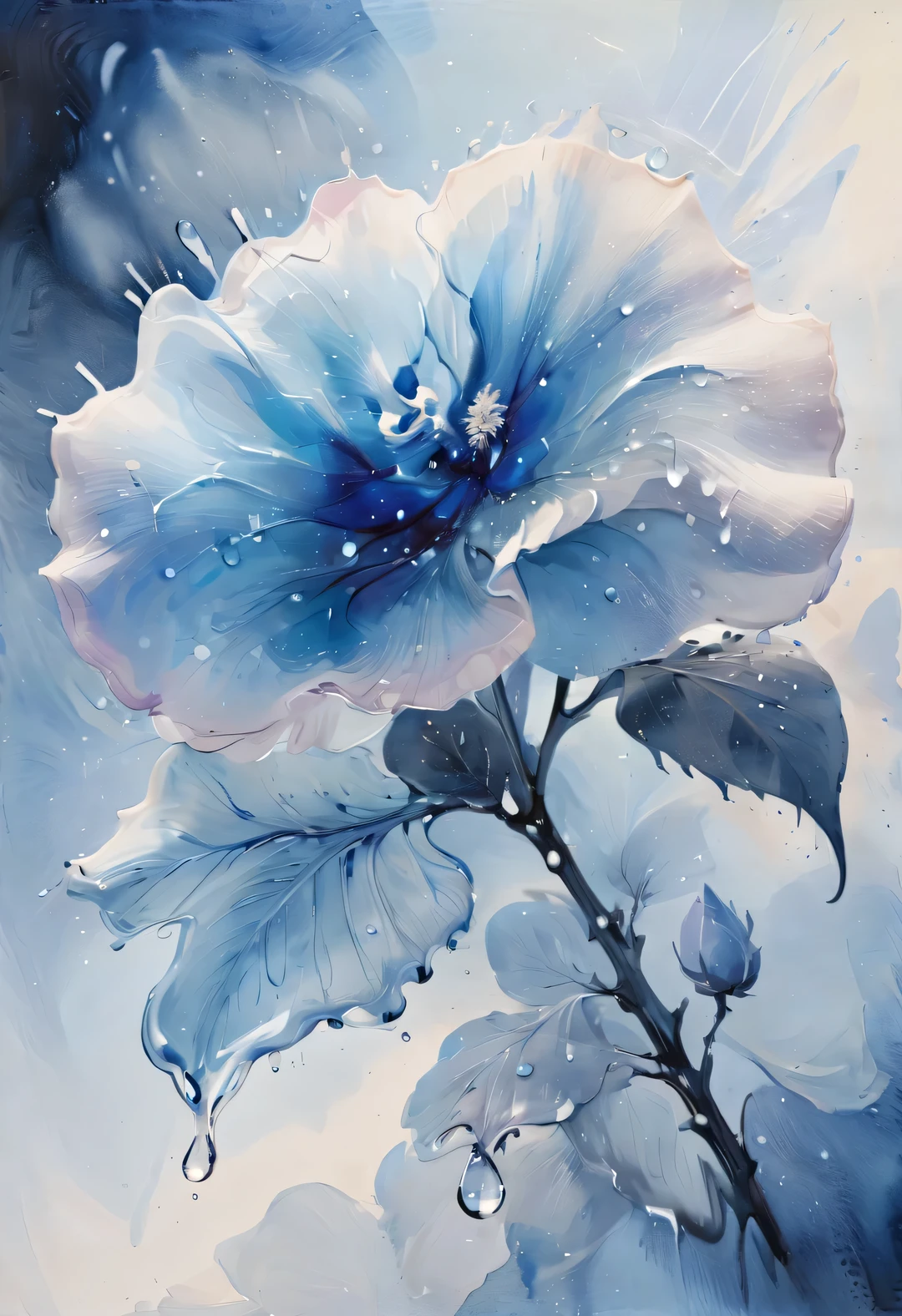 (ภาพวาดสีน้ำของหยดน้ำค้างสีน้ำเงินที่ตกลงบนดอกกุหลาบนางฟ้าสีน้ำเงิน), มีความชัดเจนและไม่คลุมเครือ, พื้นหลังเบลอ, ความเป็นจริง-v4