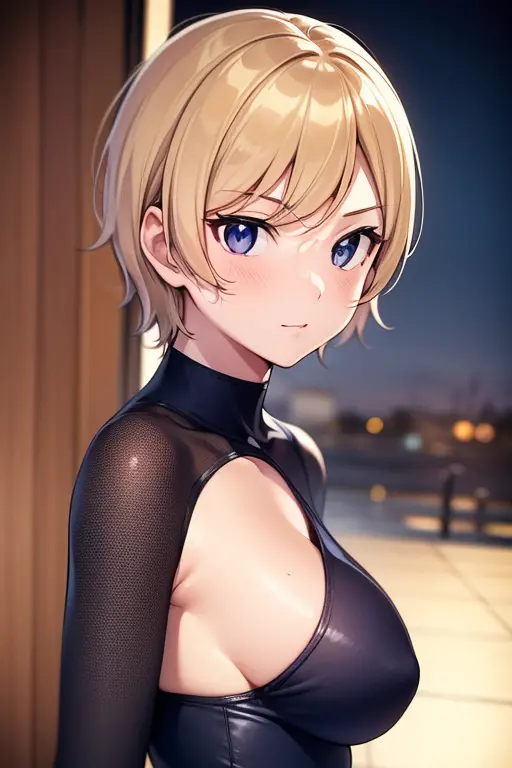 mangamichirum, 1girl, blond hair, short hair, medium breast, (black leotard:1.5, long sleeve), upper body, looking at view, (mas...