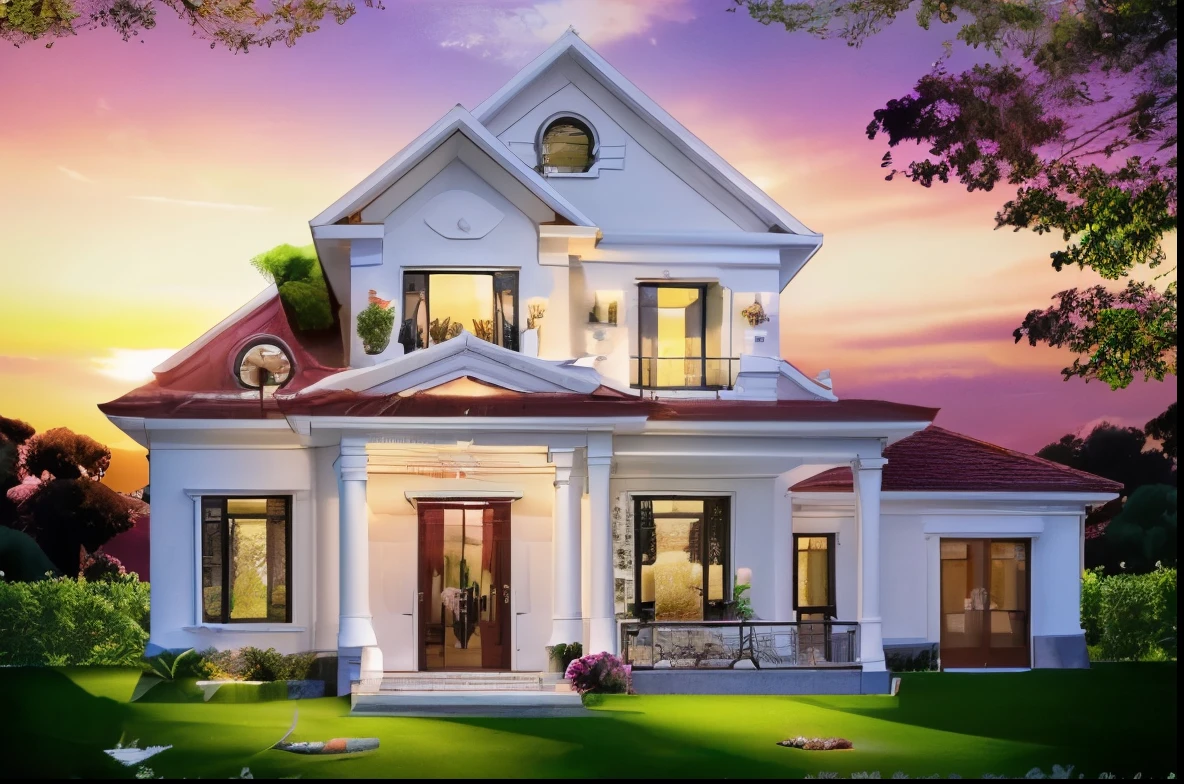 RAW photo,Masterpiece, high quality, best quality, authentic, super detail, exterior,  one villa style Neoclassic, (Modern minimalist lines:1.2),(white wall:1.1), railing glass, glass windows,trees, grass, ((sunset)), sky, vivid colour, (high detailed :1.2), 8k uhd, dslr, soft lighting, high quality, film grain, Fujifilm XT3