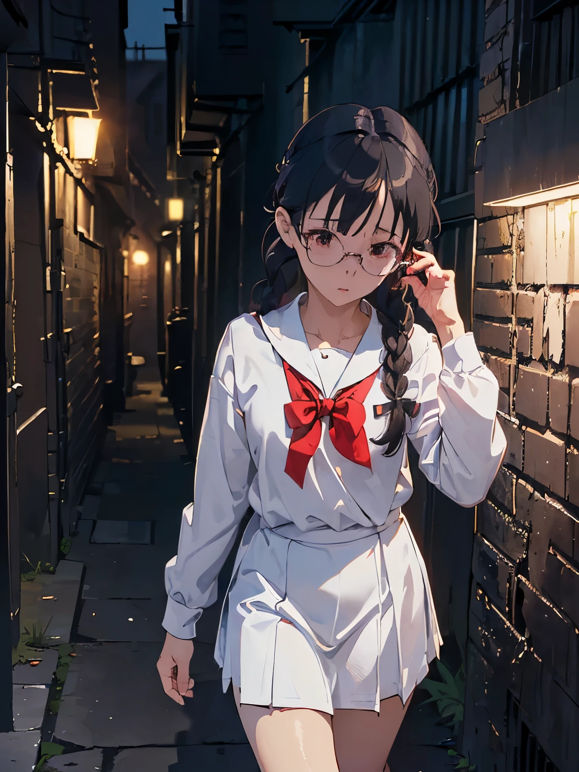 (((masterpiece))) ((( background : horror theme : dark backalley : at night : dark : someone is stalking ))) ((( character : chu: fit body : small breast :  braided hair : nerd : wearing glasses : white  : walking down alleyway )))