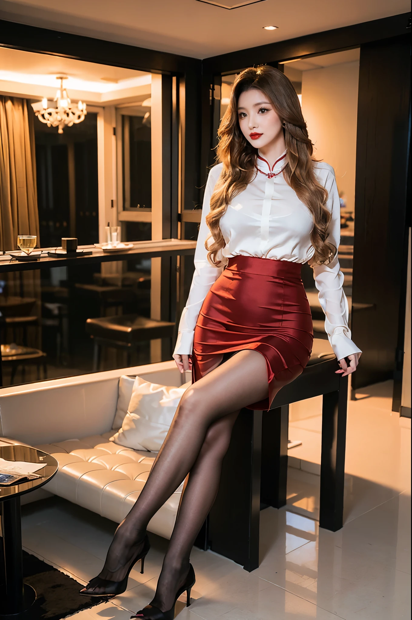 wavy hair，Heavy makeup，red lips，Cheongsam long skirt，Clear silk pantyhose，Black stiletto heels，Mature，through bangs，In a glass room in a skyscraper，During the day，sunny