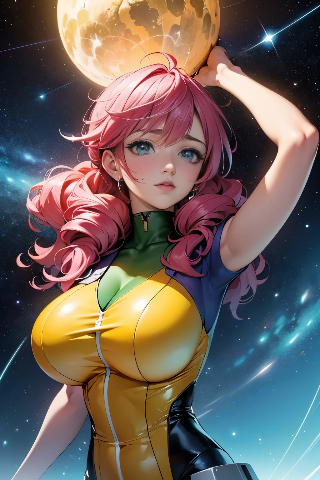 (masterpiece, top quality), (medium),official art, beautiful and aesthetic:1.2),(feldt:1.3), (fractal art:1.3),upper body, gundam00, pink hair, yellow bodysuit, from side, (slendered abs:1.2), looking at viewer,(((starry sky))), stars in the background, shining halo,((gigantic breasts:1.5)), (drill hair),((ultra detail eyes:1.5)),((extremely detailed CG unity 8k wallpaper,masterpiece, best quality)), ((ultra-detailed:1.5)),(best illumination, best shadow, an extremely delicate and beautiful),(extremely detailed CG unity 8k wallpaper,masterpiece, best quality, ultra-detailed),(best illumination, best shadow, an extremely delicate and beautiful),(perfect body: 1.5),(masterpiece), dynamic movement, digital art, otherworldly, a burst of color, explosive energy, chaotic beauty, (hair flowing:1.2, hair glowing), (body distorted:1.5, body fragmented), (face obscured:1.2, half hidden), (background: broken, shattered, fractured), (light: flickering, pulsating, radiating).