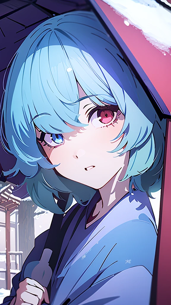 (best quality, masterpiece:1.2), ultra-detailed, perfect face, Kogasa Tatara, Touhou Project, 1girl, winter, snow, Japan, left blue eye, right red eye, outside of a store, holding an umbrella, Japanese traditional clothes.