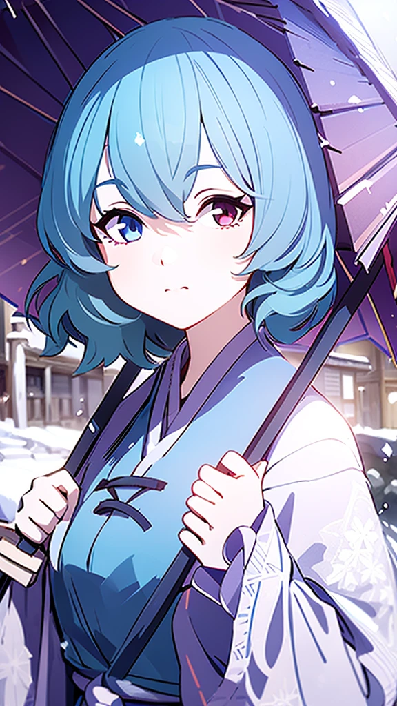 (best quality, masterpiece:1.2), ultra-detailed, perfect face, Kogasa Tatara, Touhou Project, 1girl, winter, snow, Japan, left blue eye, right red eye, outside of a store, holding an umbrella, Japanese traditional clothes.