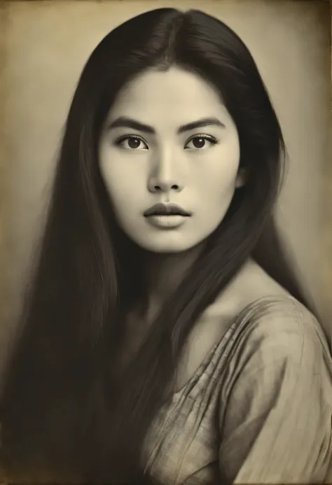 old albumen print of a   beautiful  busty  thai woman,long black hair ,have a beautiful face, golden ratio, big, sharp, beautifu...