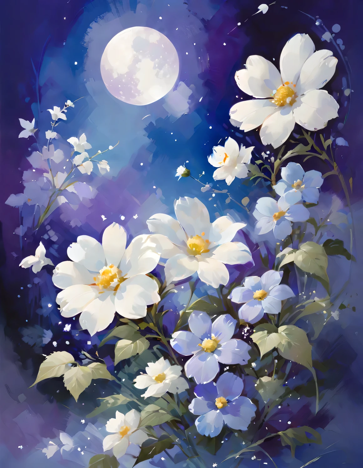Fond d&#39;écran couleur avec fond violet, fleur blanche, Adoptez le style Xiao Feiyue, tons sourds, La beauté de la paix et de la tranquillité, blanc foncé et bleu clair, coloré, Haute résolution, la peinture à l&#39;aquarelle,