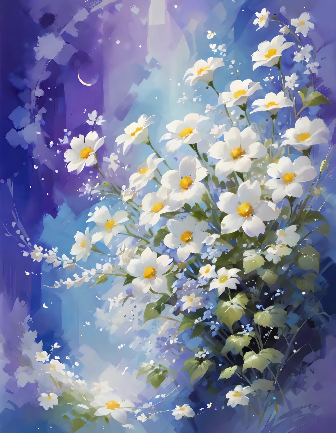 Fond d&#39;écran couleur avec fond violet, fleur blanche, Adoptez le style Xiao Feiyue, tons sourds, La beauté de la paix et de la tranquillité, blanc foncé et bleu clair, coloré, Haute résolution, la peinture à l&#39;aquarelle,