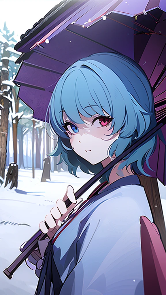 (best quality, masterpiece:1.2), ultra-detailed, perfect face, Kogasa Tatara, Touhou Project, 1girl, winter, snow, Japan, left blue eye, right red eye, outside of a store, holding an umbrella, Japanese traditional clothes.