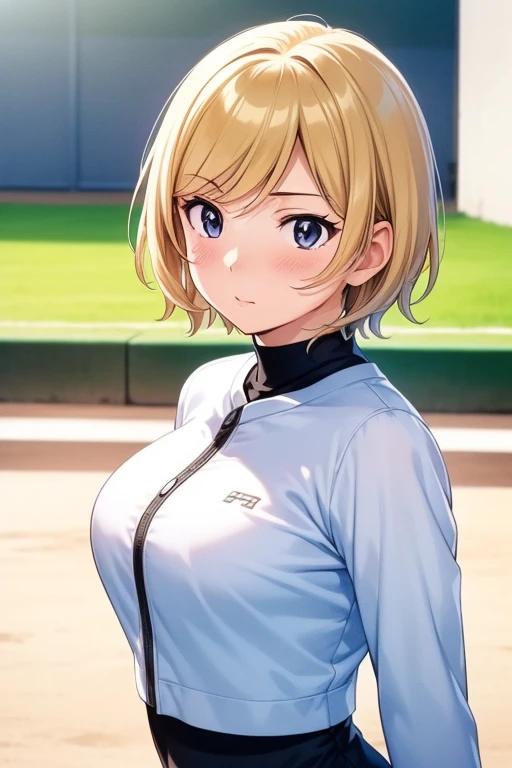 mangamichirum, 1girl, blond hair, short hair, blush, medium breast, (black long sleeve bodysuit), baseball pants, upper body, looking at view, (masterpiece, high resolution, best quality, anime screencap, anime colored, 8k, photorealistic)